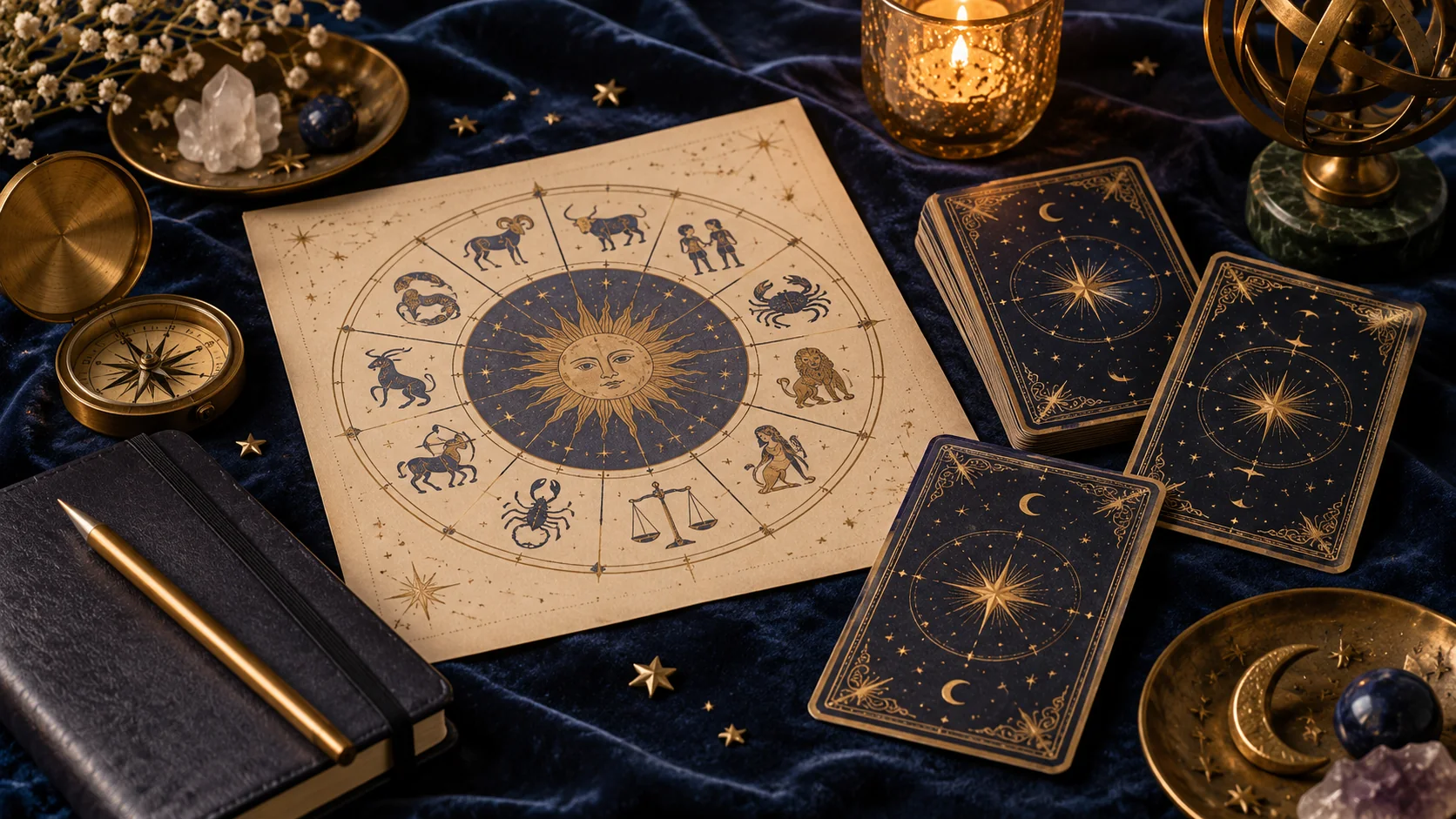Tarot cards and zodiac motifs arranged on a dark blue reading table