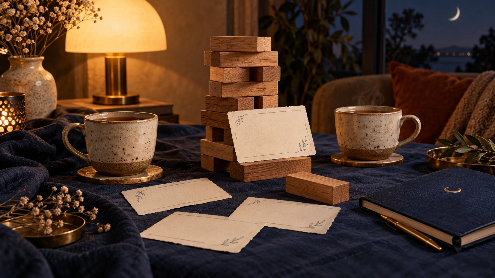 Conversation cards, wooden blocks, and tea on a table
