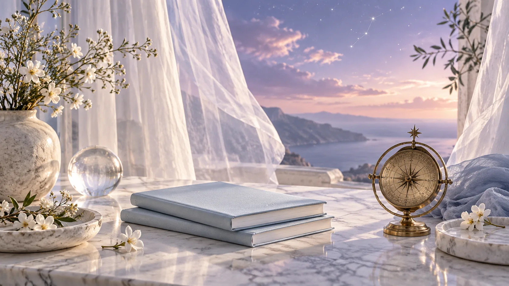 Two journals and celestial objects in an air-inspired setting