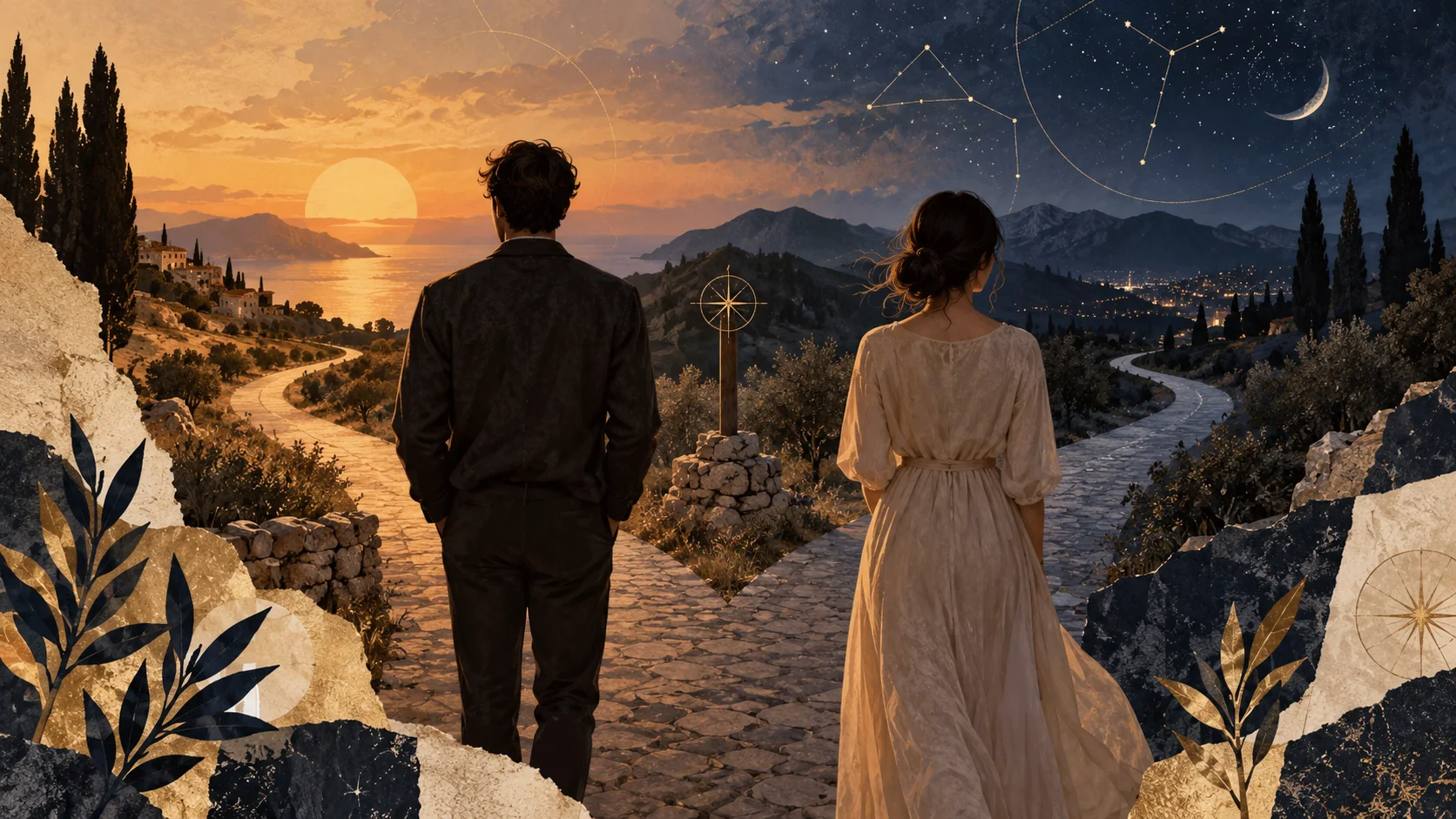 Two people consider separate paths under a twilight sky