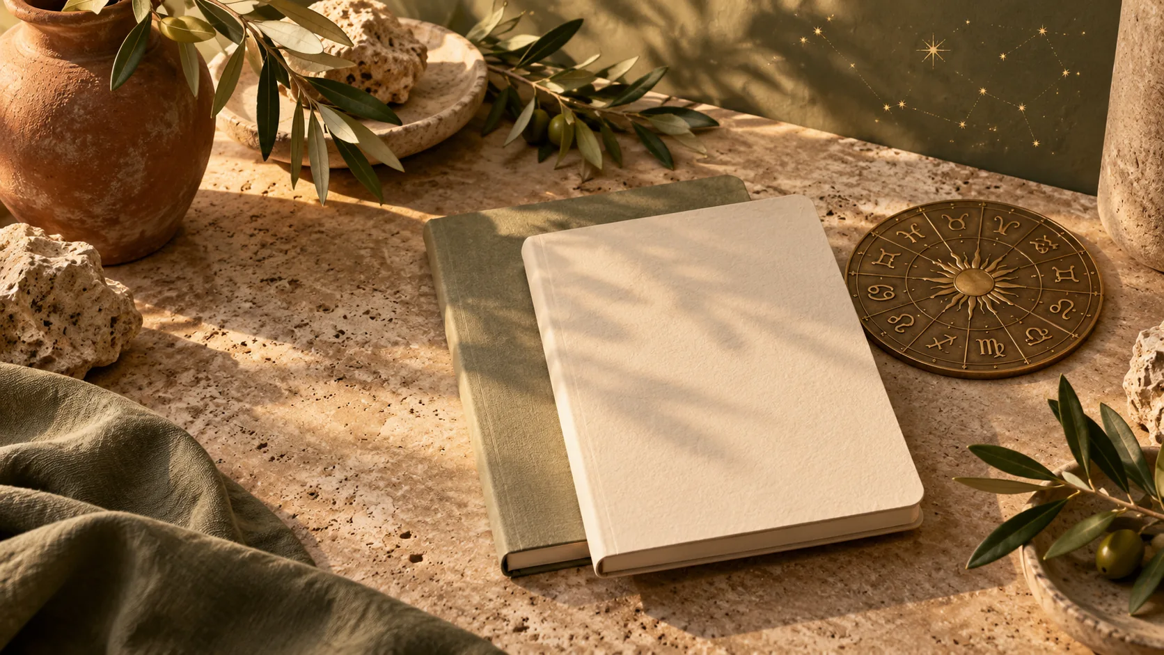 Two journals and celestial objects in an earth-inspired setting