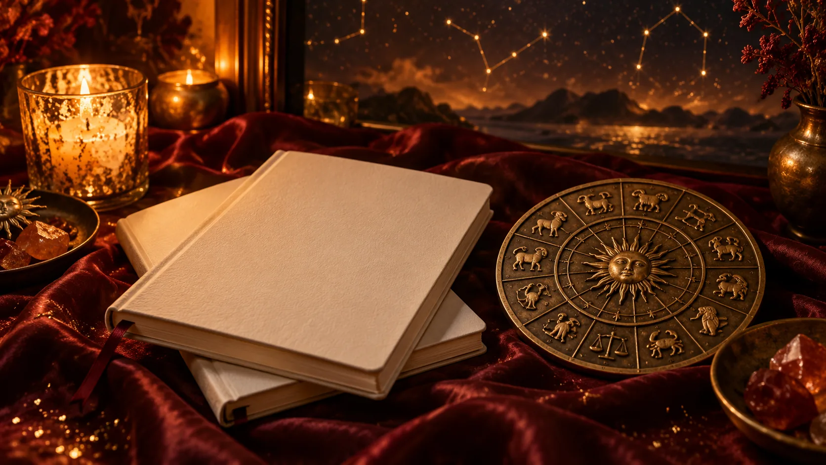 Two journals and celestial objects in an fire-inspired setting