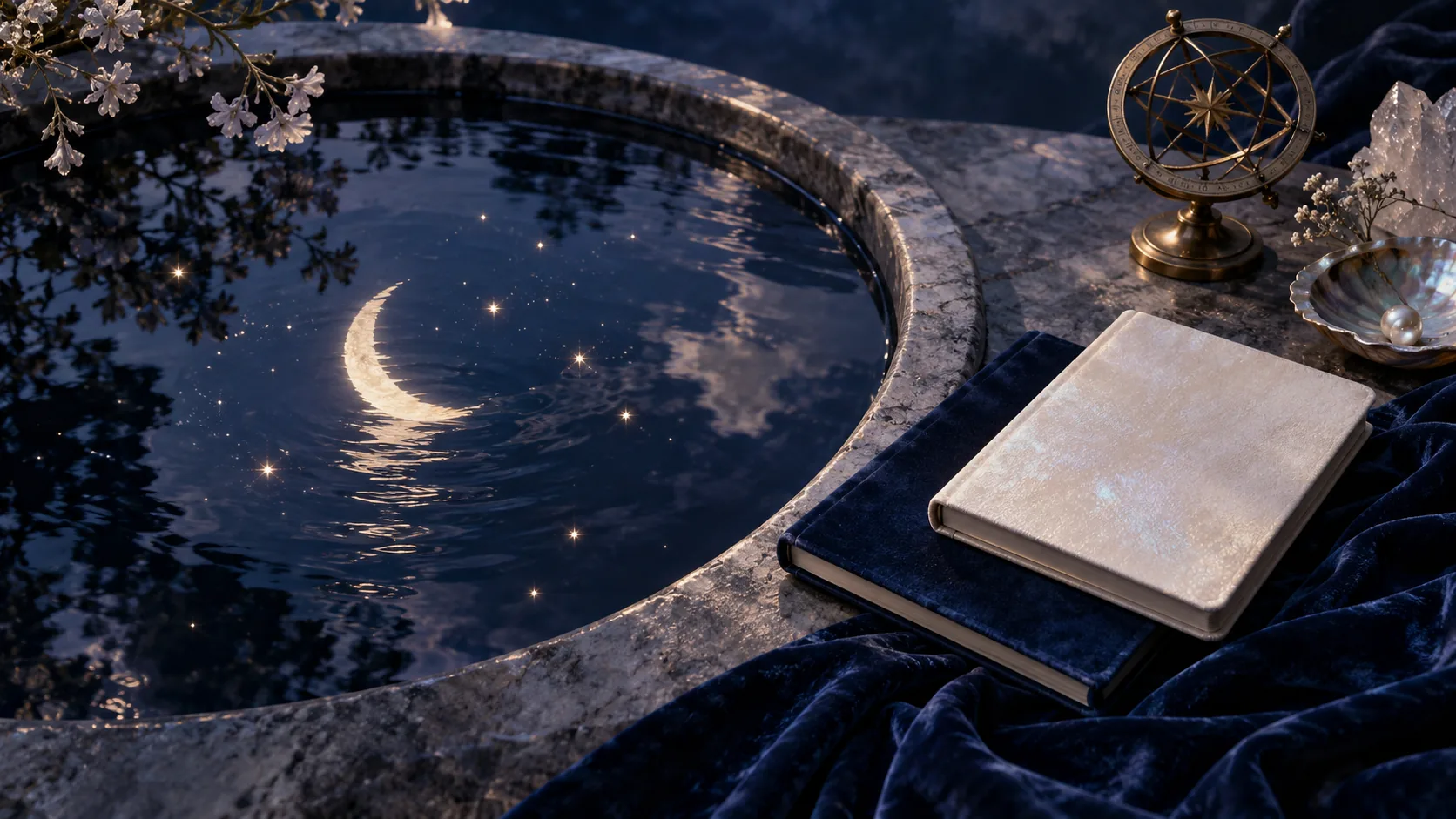Two journals and celestial objects in an water-inspired setting