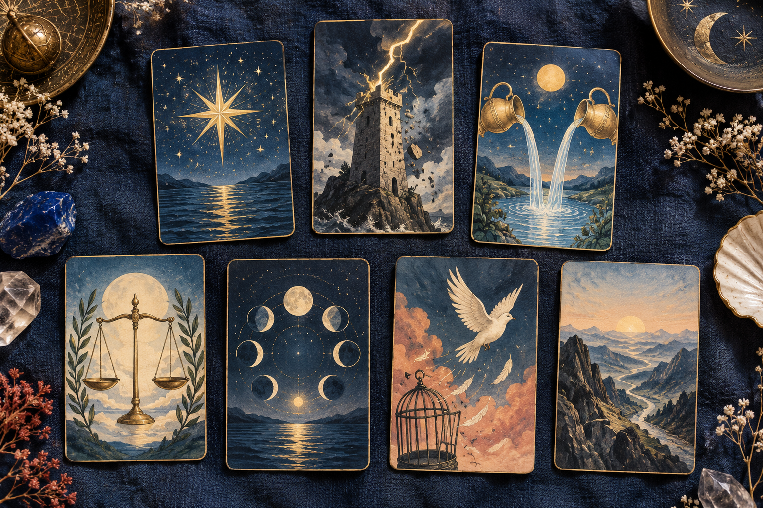Illustrated tarot cards on indigo linen