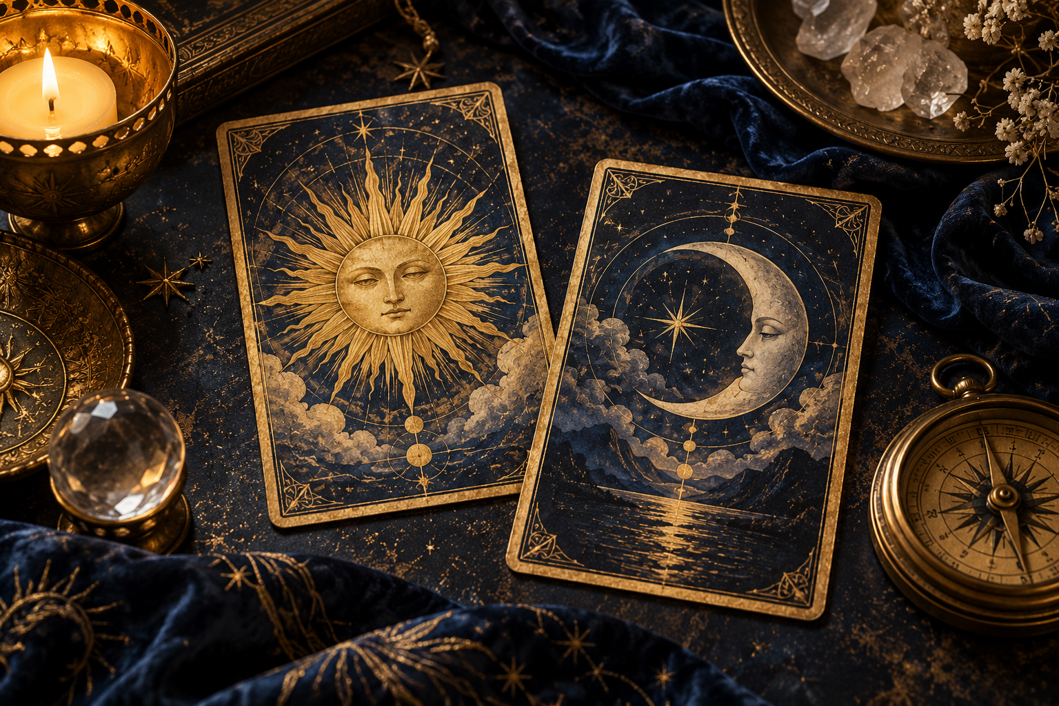 Illustrated sun and moon tarot cards beside a brass compass