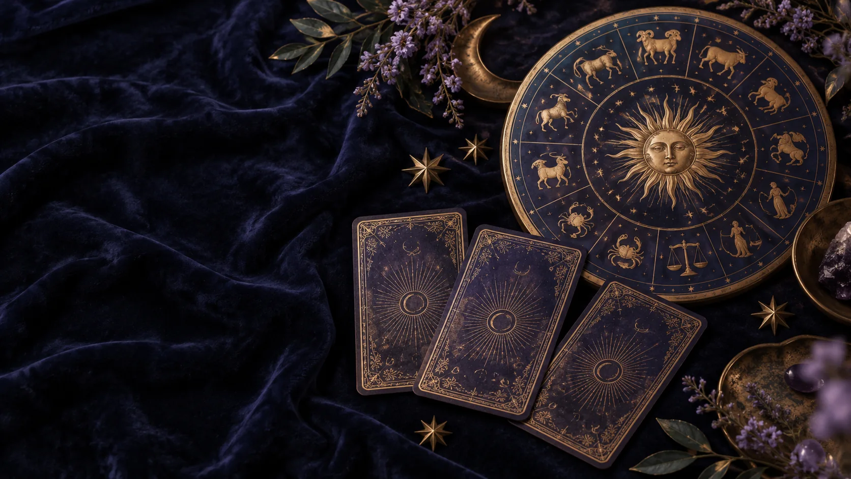 Zodiac wheel and tarot cards on a dark velvet surface