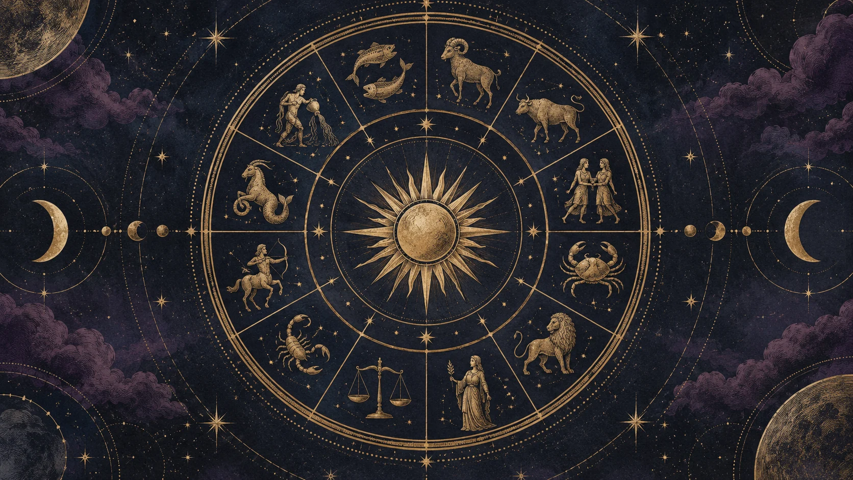 Illustrated zodiac wheel with celestial details